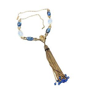 Sadie Green Etched Glass Beads Necklace Blue Gold Foxtail Chain Tassel Nouveau